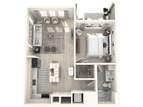 Floor plan for 1 bed, 1 bath, 767 sqft